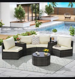 Outdoor Patio Furniture 7-Piece Half-Moon Sectional Round Patio Furniture Set Sofa with Tempered Glass Round Coffee Table