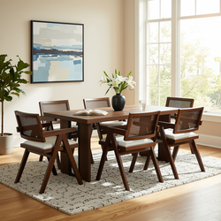 Homy Casa SORIAN+XUZIDS 7PC Dining Set 63" Table with 6 Biscuit Beige Upholstered Chairs Walnut Legs