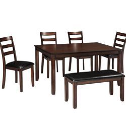 Coviar Brown Dining Table and Chairs with Bench (Set of 6)


