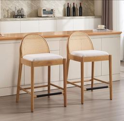 New 26 Inch Rattan Bar Stools Set of 2, Boho Style Counter Stools with Soft Linen Cushion, Sturdy Wooden Frame Bar Chairs