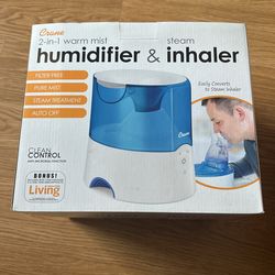 Crane 0.5 Gal. Warm Mist Humidifier, 2 Speed Settings, Medicine Cup, 13 Hour Run Time, Blue/White