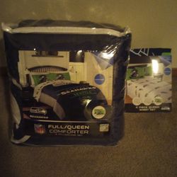 Brand New Queen Seahawk Comforter Set  And New Sheets Set Plus Extra Brand New Thow Blanket