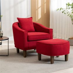 Red Modern Linen Upholstered Armchair Lounge / Accent Barrel Chair with Ottoman [NEW{