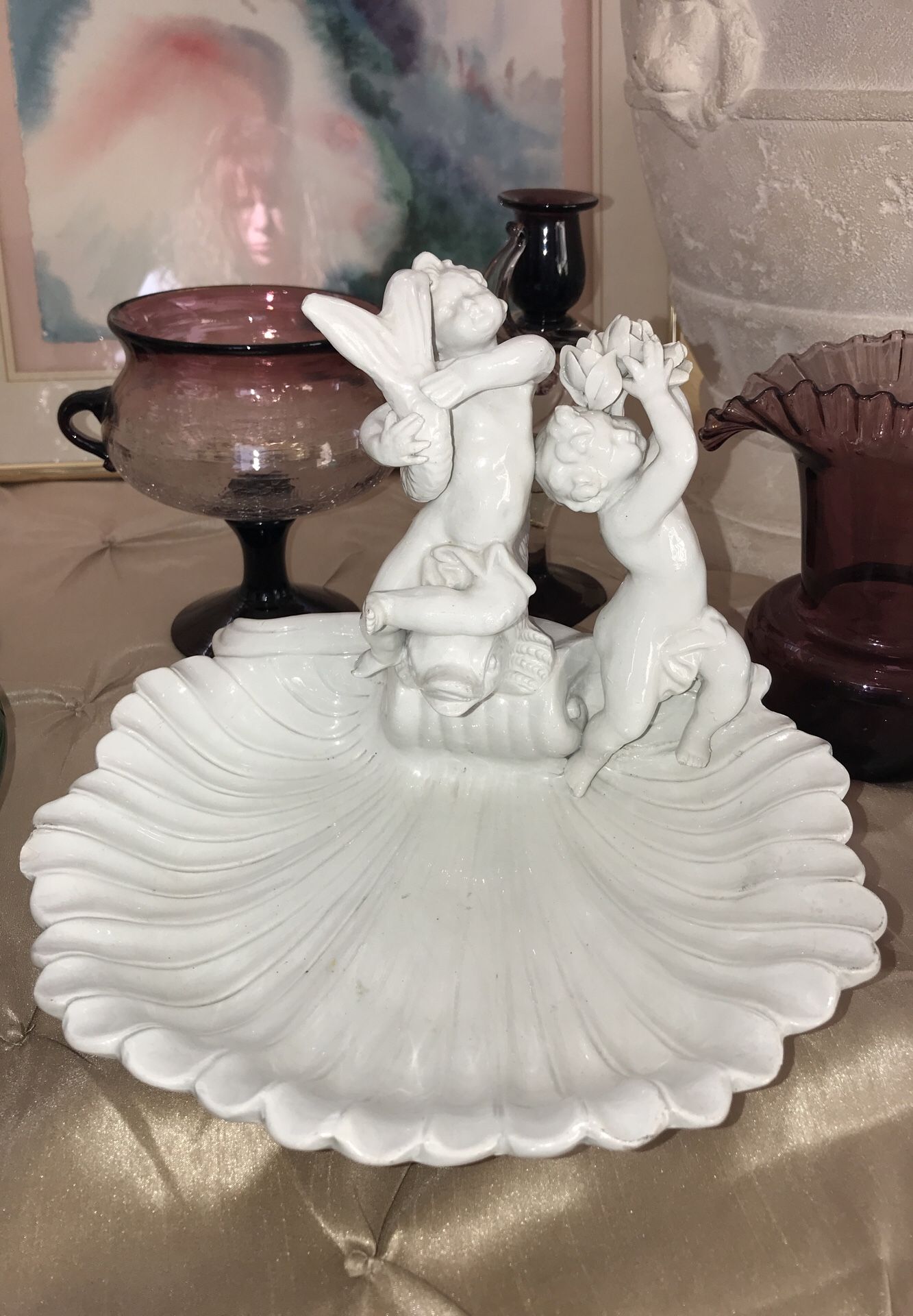 CHERUB ANGEL ON FISH LARGE BOWL DISH PORCELAIN ITALY