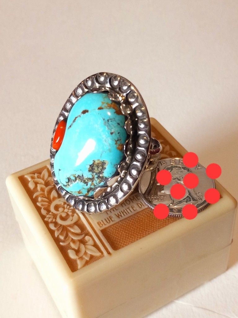 $200! Awesome Very Large 925 Sterling Silver Turquoise Coral Navajo Made Ring