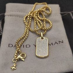 Yurman Yellow Gold Streamline Dog Tag White Diamond Necklace 21.6''