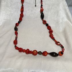 Red Coral Beaded Necklace 32” 