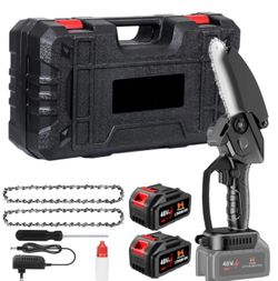 6-Inch Cordless Mini Chainsaw, 48V Battery-Powered Electric Hand Saw for Tree Trimming, Wood Cutting and Gardening, Lightweight One-Handed Use, 2 Batt