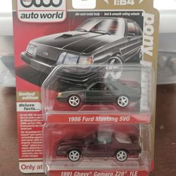 Auto World  1986 Ford Mustang & 91 Chevy Camaro Z28 1LE  1:64 Pony Power 2-Pack