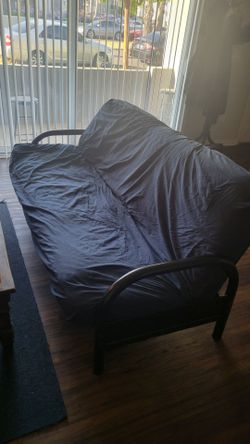 Futon - Brown Full Size Mattress, Black Metal Frame (FLEXIBLE PRICING, PICKUP REQUIRED)