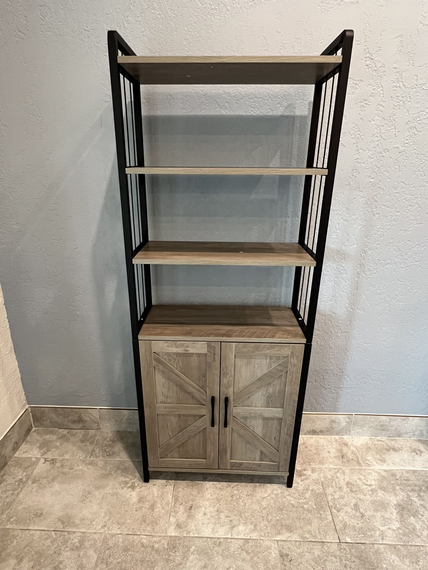 NEW - Bookshelf / Bookcase / Shelf Unit with Cabinet  - Grey faux wood with Black accents