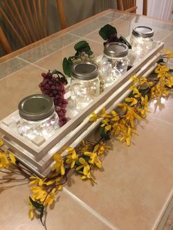 Table Centerpiece Handmade Farmhouse Reclaimed Wood w/ (4) Mason Jars LED Lights