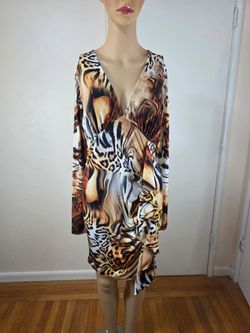 New Animal Print Wrap Midi Dress Long Sleeve