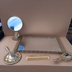 Gold Vanity Set with Mirror Tray and Accessories