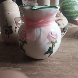  La Dolce Vita By JJG Designs EMBOSSED ROSE COLLECTION 7" VASE Or ceramic planter (The Pink Ribbon Is My Personal Touch )