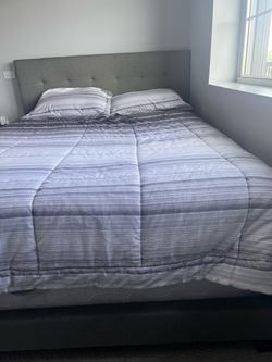 Gray Upholstered Queen Bed Frame with Headboard