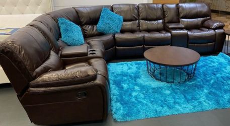 Limited time sale. Madrid Brown leather reclining sectional only $1399. Easy finance option. Same-day delivery.