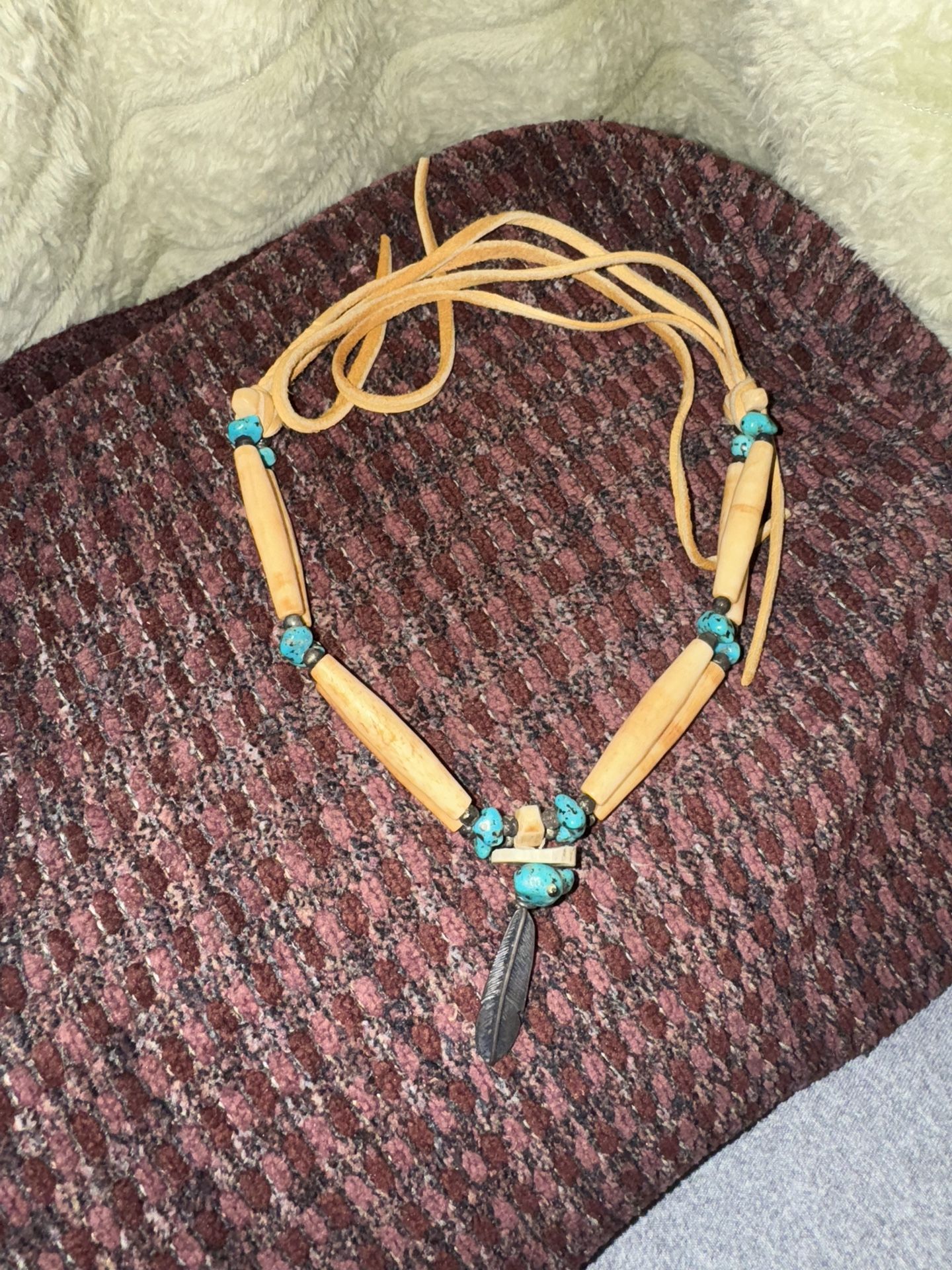 Vintage Native American Bone, Turquoise & Suede Tie Choker w/Sterling Feather