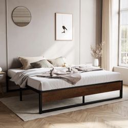 Modern King Platform Bed Frame Metal Slats Wood Grain Heavy Duty Base