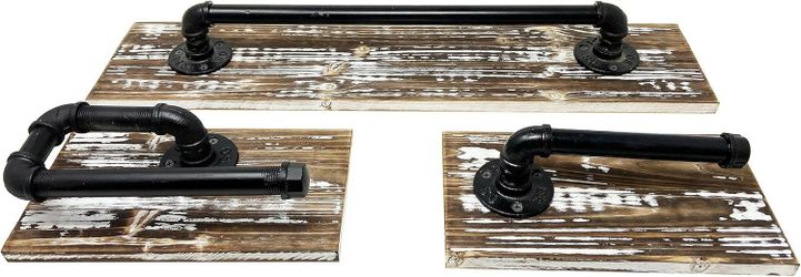Industrial Rustic Bathroom Decor Set – Wood & Cast Iron Pipe, 3-Piece Towel Rack & Holder