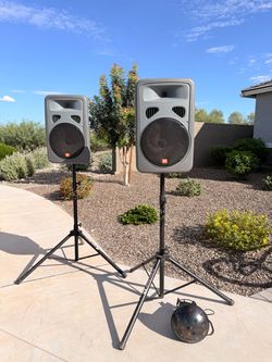 Two JBL 15 Inch Preamped Speakers with Stands