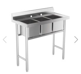 Vingli 39in Commercial 304 Stainless Steel Restaurant Sink 3-Compartment