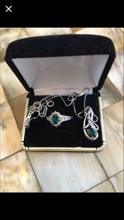 Emerald and diamond ring and necklace set