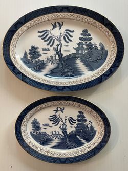 Pair Of Vintage Nikko Double Phoenix Ironstone Blue Plates Serving Dishes