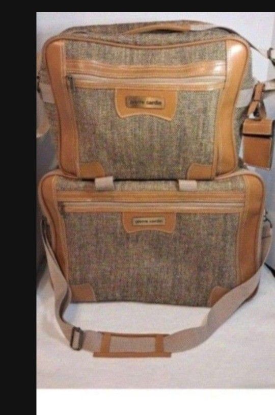 Pierre Cardin Luggage Set-Brown Tweed 20x12x8 & 15x11x5-2 Piece-Vintage-Perfect