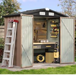 Aoxun 6.2x4 FT Shed Outdoor Storage Shed with Lockable Doors & Slooping Roof Metal Garden Tool Shed for Backyard, Patio, Poolside (Brown)