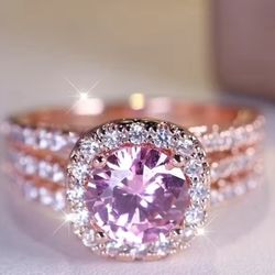 Elegant Round Pink Synthetic Zirconia Rose Golden Plated Ring for New Year Valentine'S Day Holiday Gift Daily Wear, Durable and Shiny Accessory