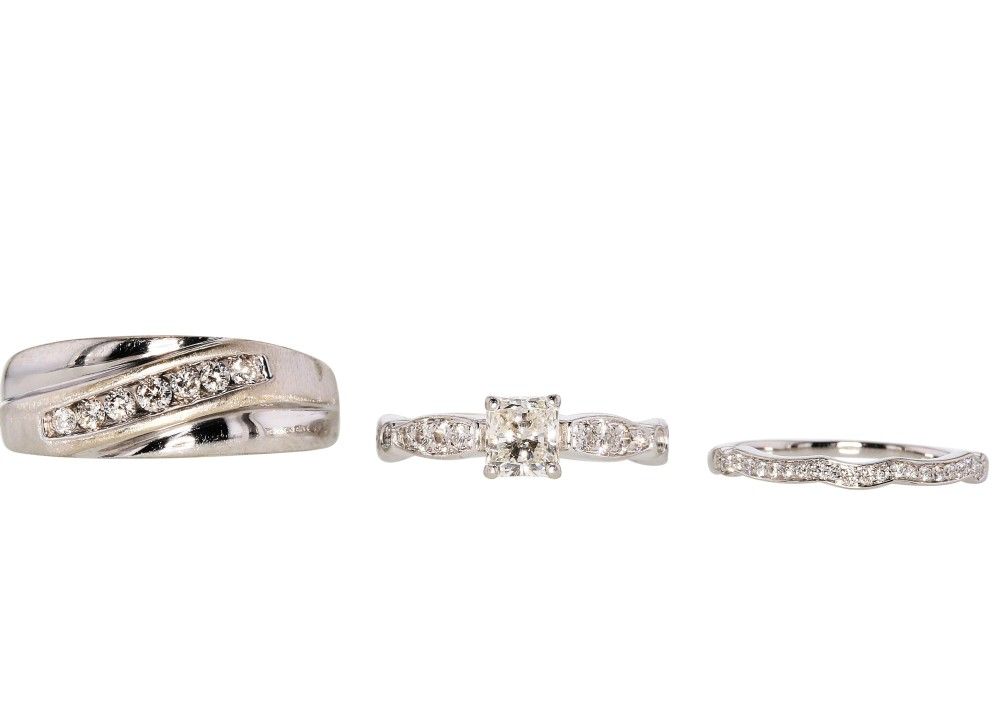 Complete Wedding & Engagement Band Set Women's Platinum Men's White Gold Diamonds
Women's Platinum Diamond Engagement Ring & Wedding Band
Men's 14k W