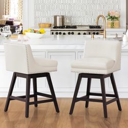 Beige Fabric Swivel Barstool Set Of 2 