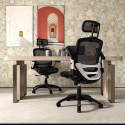 Ergonomic Mesh Office Chair, High Back Desk Chair - Adjustable Headrest with Flip-Up Arms, Tilt Function, Lumbar Support and PU Wheels, Swivel Compute