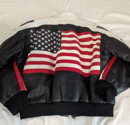 Vintage Michael Hoban 
WHEREMI  American Flag Leather Jacket Size L, Red White Blue USA down both arms