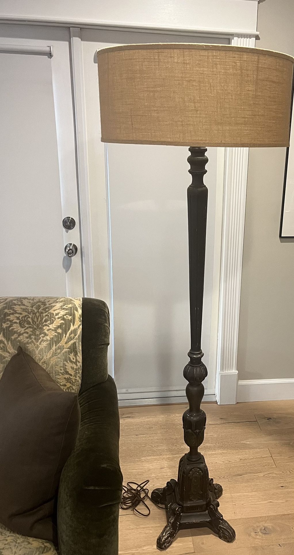 Antique 6 Ft Carved Wood Floor Lamp With Linen Shade
