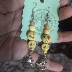 Handmade Yellow Emoji Skull Earrings with Silver Sun Charms