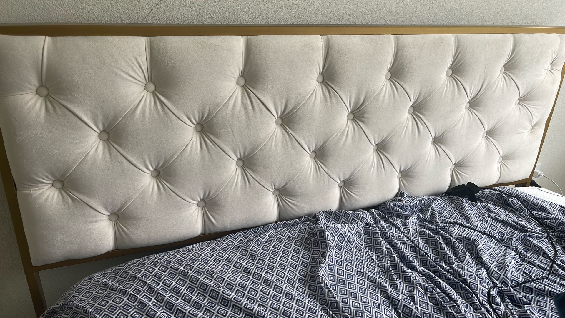 Queen Size Gold And White Suede Bed Frame With Drawers For Extra Storage