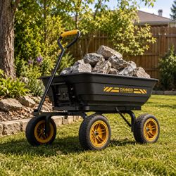 600lb heavy-duty garden dump cart features a durable 4 cu.ft. polypropylene body and a reinforced steel frame.