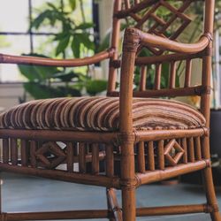 Vintage Ornate Chippendale Rattan Bamboo Arm Chairs- Set of 4