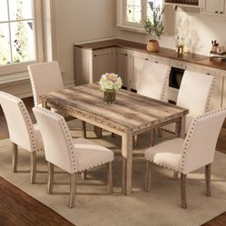 Rustic Dining Table Set for 6, Farmhouse Kitchen Dining Chairs for 6, Charming 60" Rectangular Wooden Table&6 Upholstered Chair with Nailhead Accents 