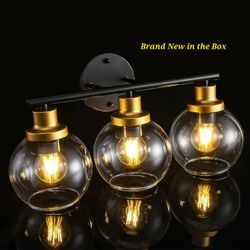 Pasearo 22", 3-Light Modern Black Gold Bathroom Vanity Light W/Clear Glass Globe!  Brand New