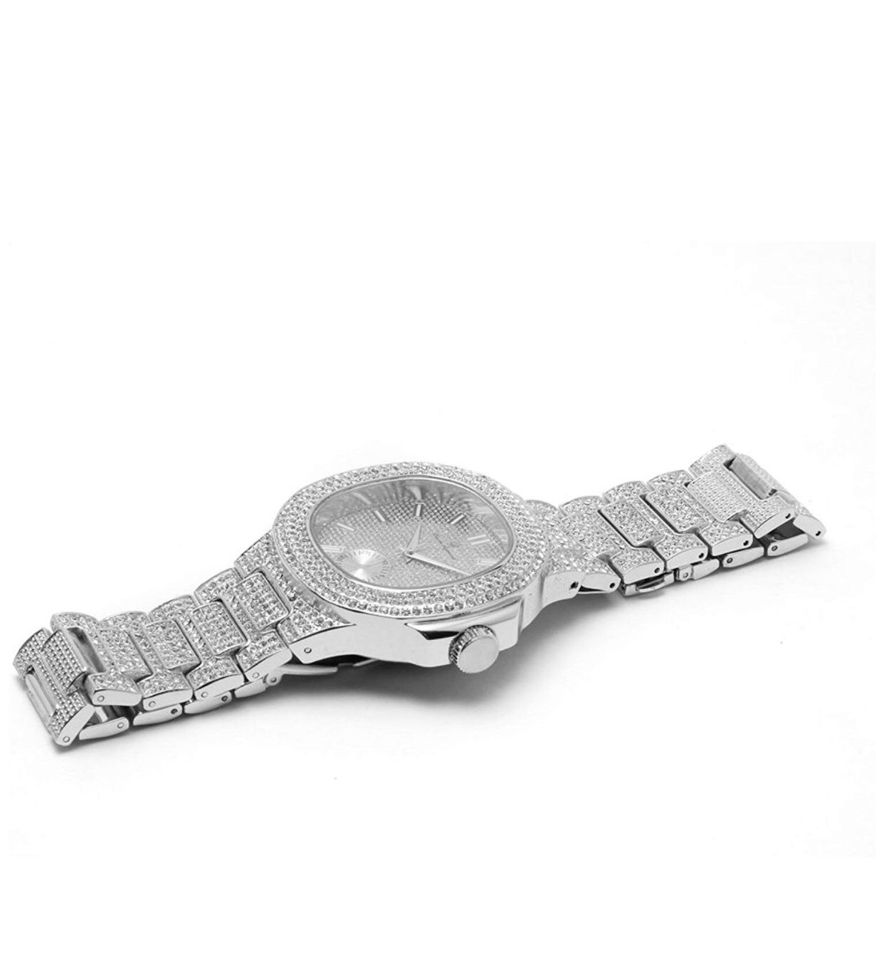 Bling-ed Out Oblong Case Metal Mens Watch w/Matching Bracelet Gift Set - 8475B - Silver