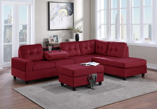 New red Velvet Reversible Sectional And Ottoman