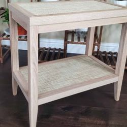 New Rattan Nightstand Bedside Table - Farmhouse Boho Narrow Accent End Table with 2 Open Rattan Shelves for Bedroom, Living Room, Small Spaces