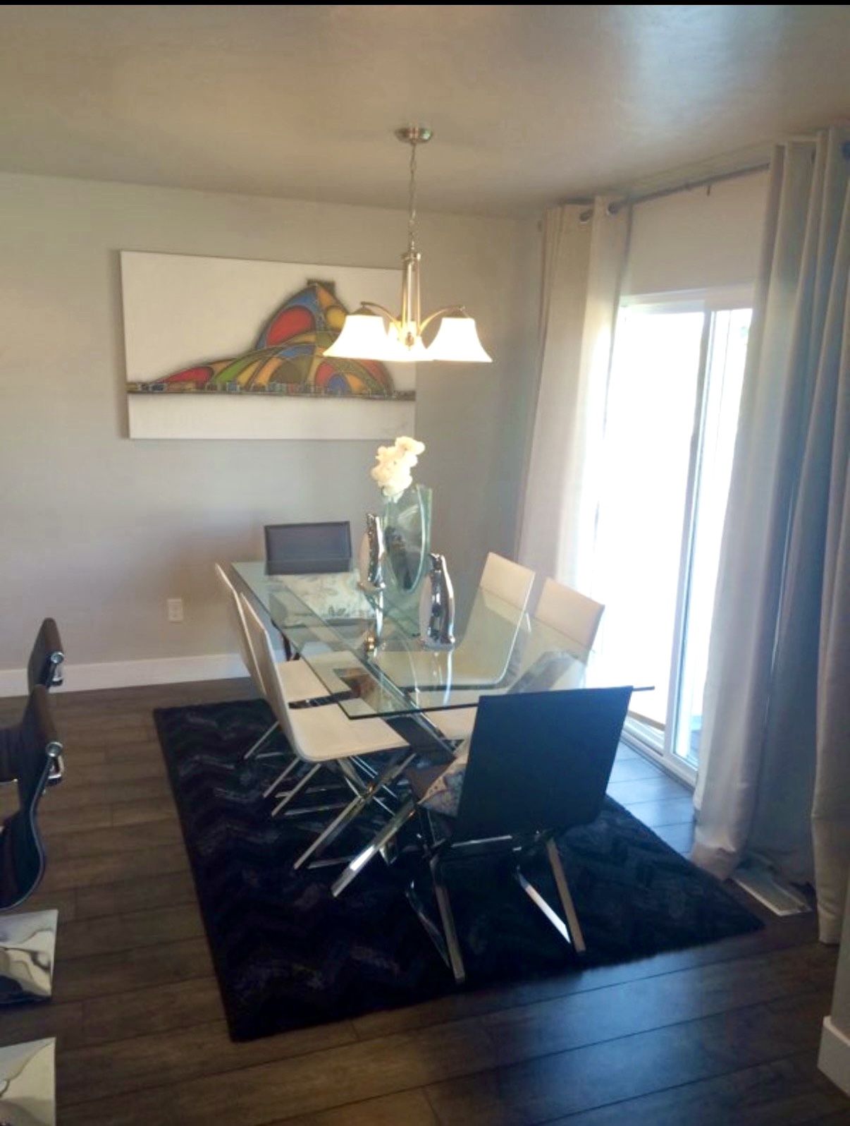 ZGallerie Axis Dining Table with 6 Bonded Leather Chairs with Polished Stainless Steal Bases