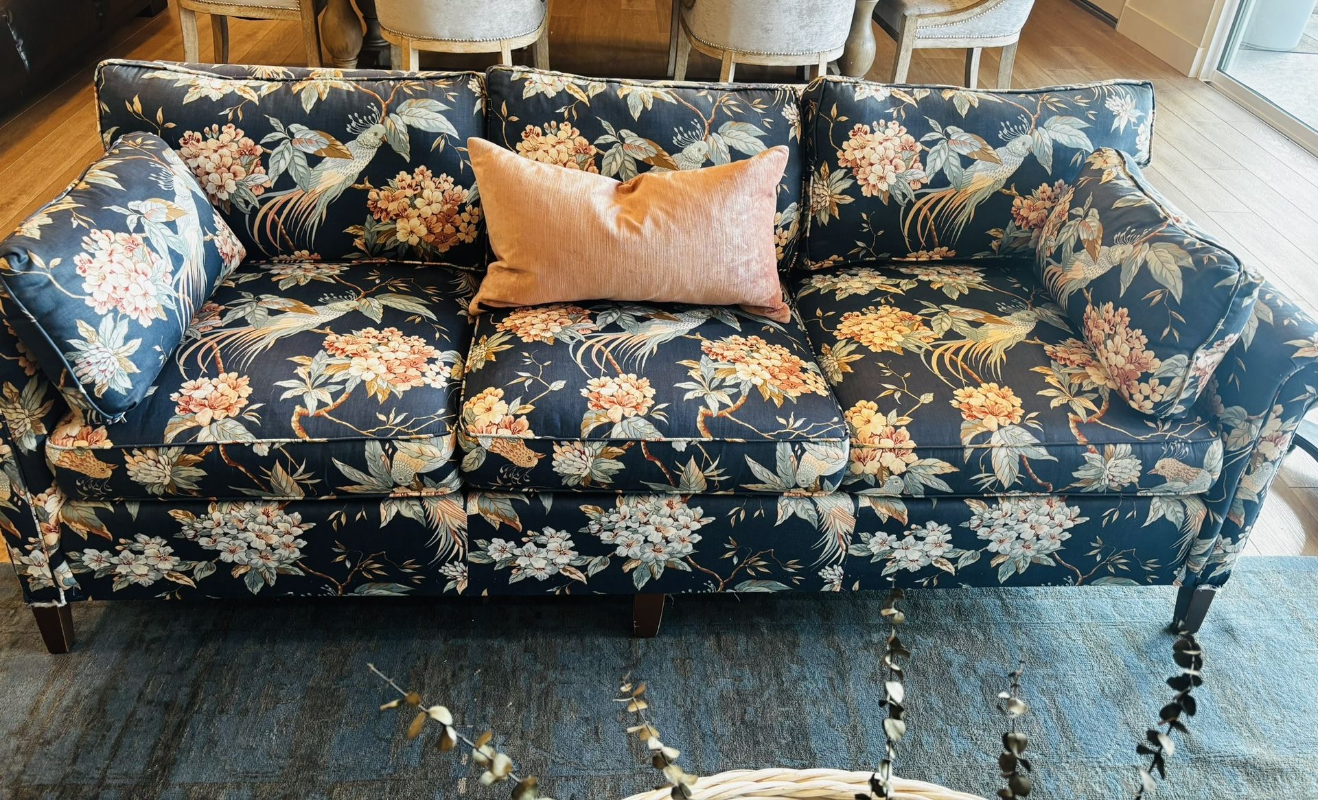 Vintage Ethan Allen Blue Bird Pattern Sofa