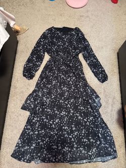 Black maxi multilayer long sleeve dress with floral pattern
