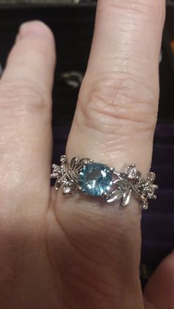 Size 10 Sterling Silver Aquamarine Stone Princess Flower RING