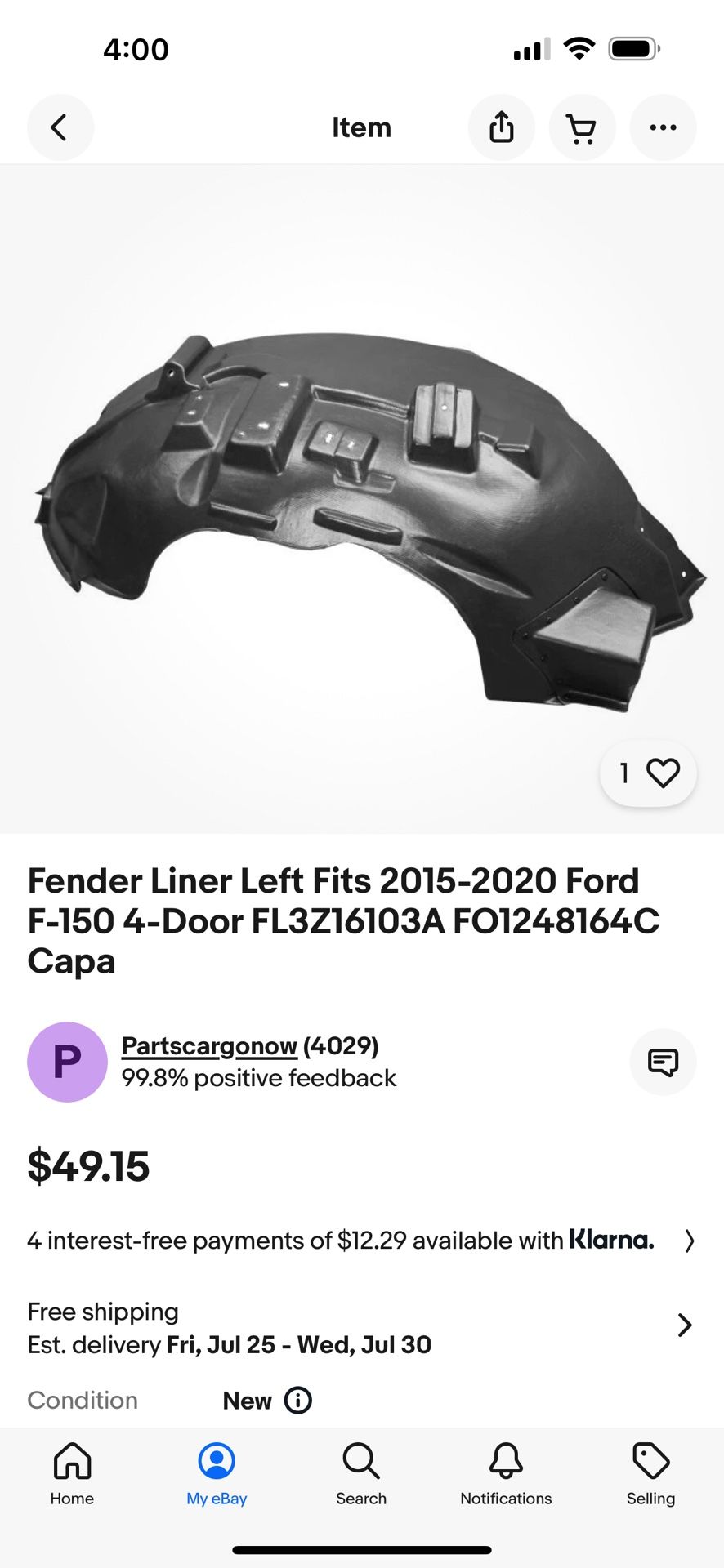 Ford F150 Fender Liner (Driver Side Only) 15-20